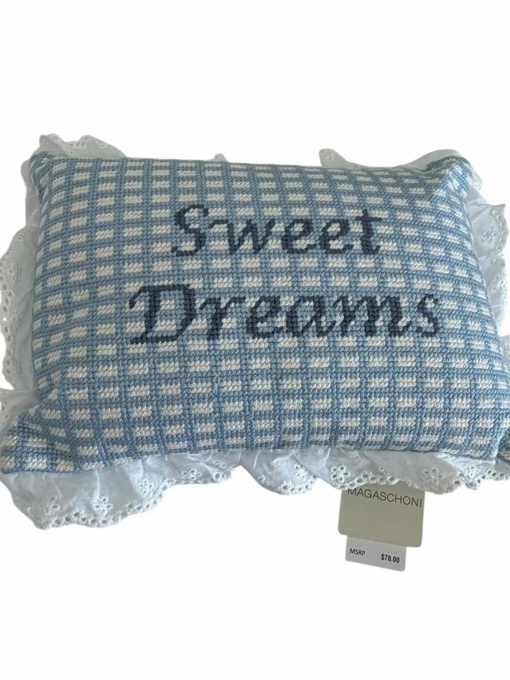 Magaschoni Sweet Dreams Blue Gingham Lace Decorative Pillow NWT